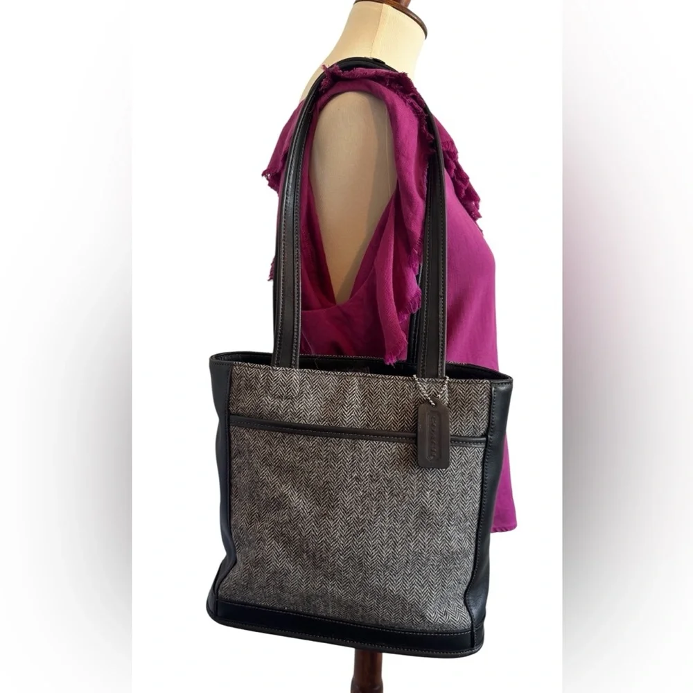 Coach Vintage Y2K 1999 Bleeker Black Leather Gray Tweed Wool Tote Shoulder Bag